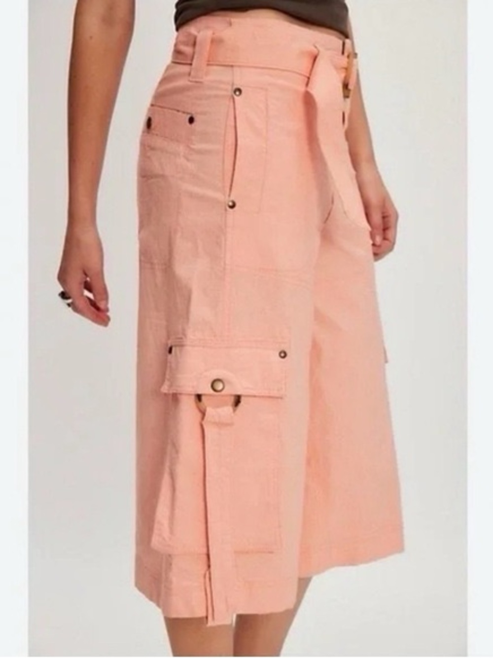 Free People Tidal Wave Cargo Cropped Culottes Pants Long Shorts NWT Coral Pink